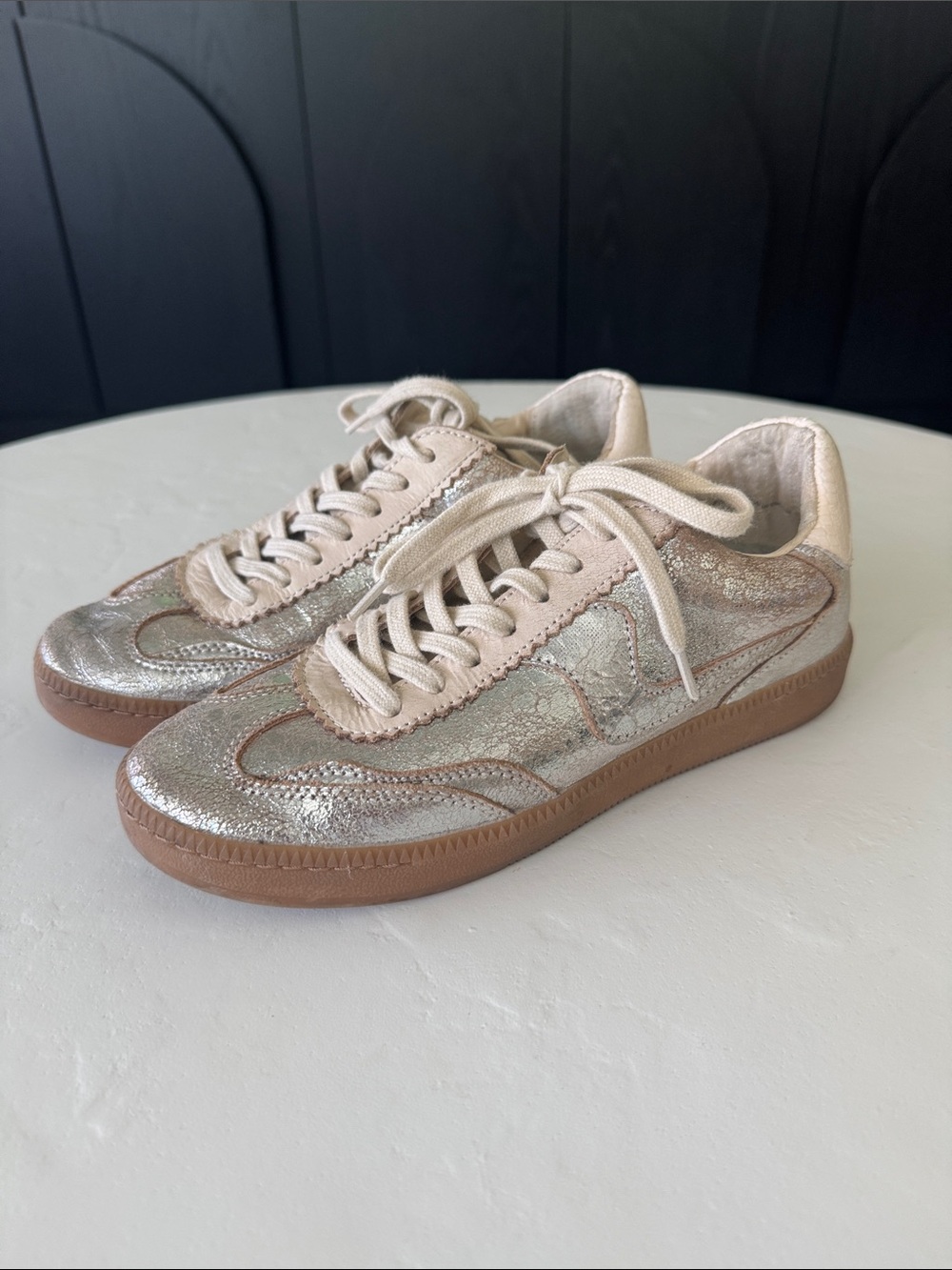 Dolce Vita Metallic Silver and Beige Low-Top Sneakers